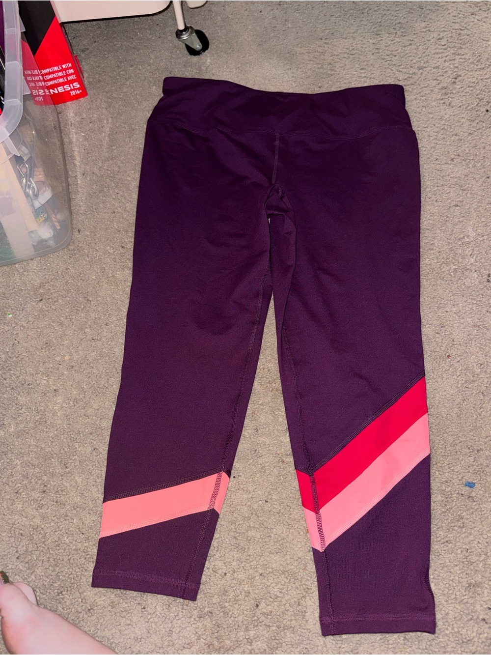 DSG Purple Capri Leggings with Pink & Red Diagonal Stripes